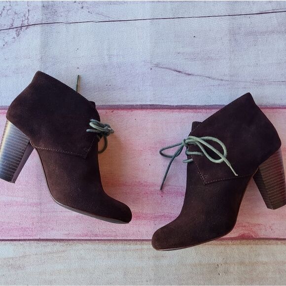 Fossil Brown‎ Suede Leather Lace Up Boho Heeled Ankle Booties Women's size 6.5 - Picture 1 of 6